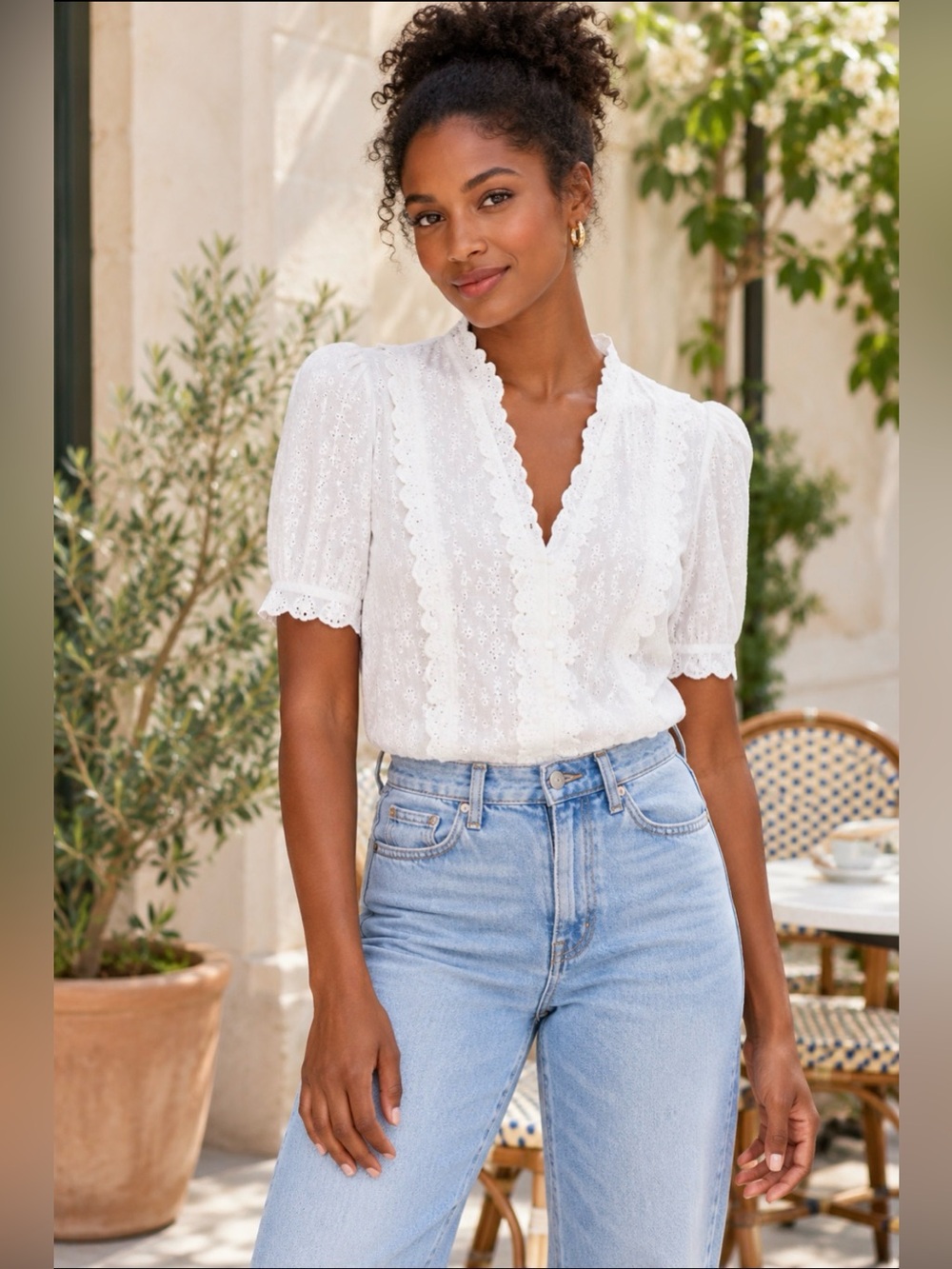 Boden White Eyelet Embroidered Ruffle Blouse Puff Sleeve Button Front Top